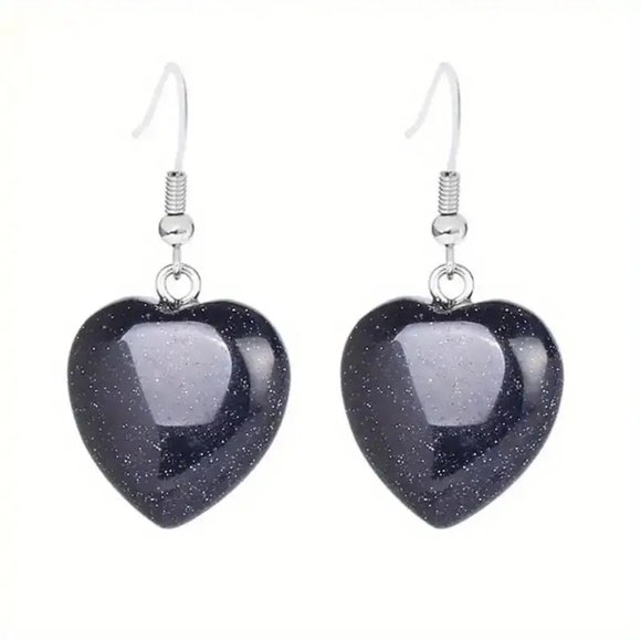 Blue Sandstone Natural Stone Gemstone Handmade Heart Shape Drop Earrings - Picture 2 of 2